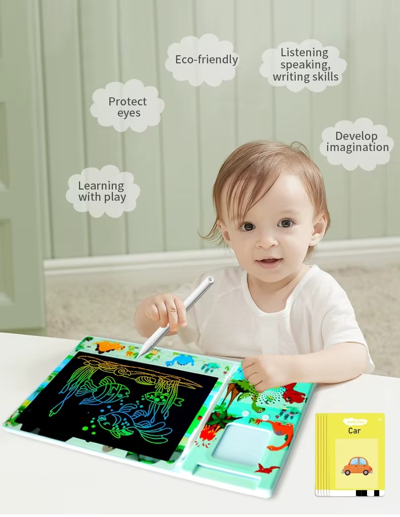 2-in-1 Smart Talking Flash Cards Reader with LCD Writing & Drawing Tablet for Kids Colorful Drawing Pad | Sensory Learning Toy.