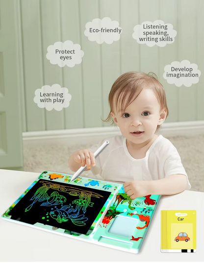 2-in-1 Smart Talking Flash Cards Reader with LCD Writing & Drawing Tablet for Kids Colorful Drawing Pad | Sensory Learning Toy.